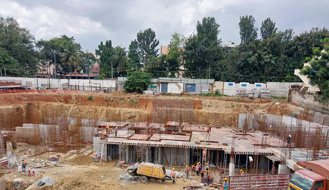 Brigade Nanda Heights Tower A (view from North side) : Basement raft concreting completed & Upper basement slab works are in progress as on October '22