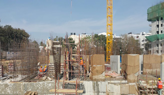 Brigade Nanda Heights Tower A (view from East side) : Upper basement completed. Ground floor works are in progress as on January '23