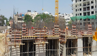 Brigade Nanda Heights Tower A (view from East side) : Ground floor works completed & ready for concreting. Podium slab works are in progress  as on February '23