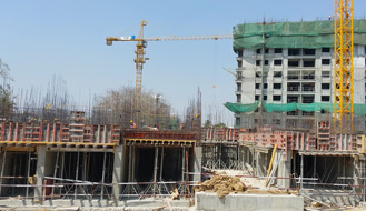 Brigade Nanda Heights Tower A (view from  South side) : Ground floor works completed & ready for concreting as on February '23